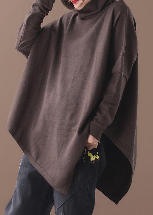 Handmade Chocolate Cotton Tunics for Asymmetric Hem Short High Neck Blouse