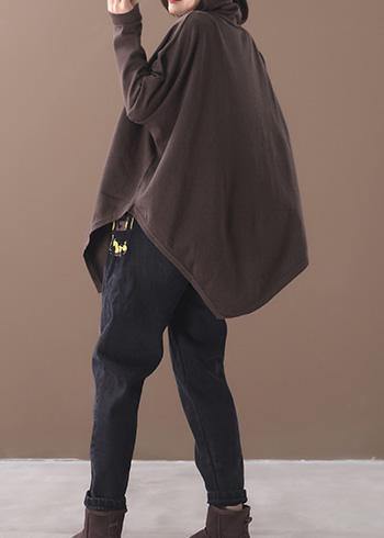 Handmade Chocolate Cotton Tunics for Asymmetric Hem Short High Neck Blouse
