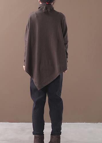 Handmade Chocolate Cotton Tunics for Asymmetric Hem Short High Neck Blouse