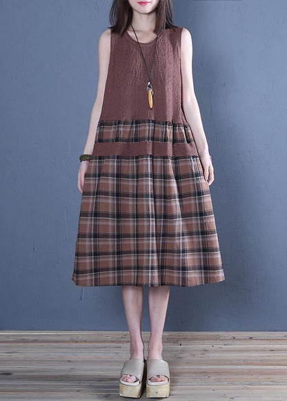 Handmade Chocolate Plaid Linen Dresses O Neck Patchwork Dress