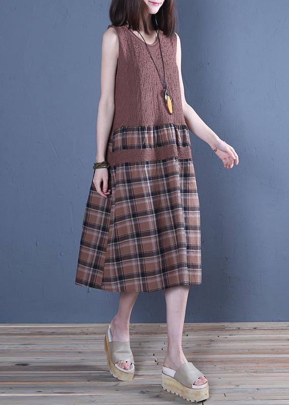 Handmade Chocolate Plaid Linen Dresses O Neck Patchwork Dress