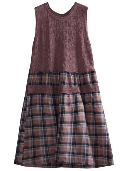 Handmade Chocolate Plaid Linen Dresses O Neck Patchwork Dress
