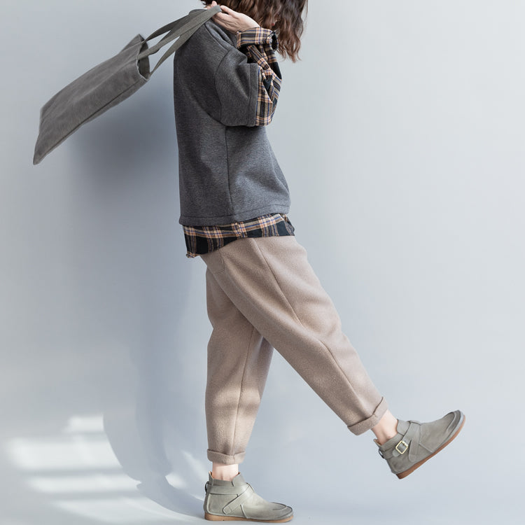 Handmade Cotton Clothes O Neck Patchwork Shape Gray Cotton Tops