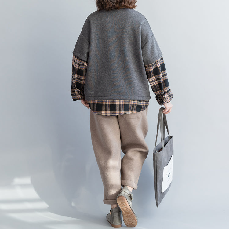 Handmade Cotton Clothes O Neck Patchwork Shape Gray Cotton Tops