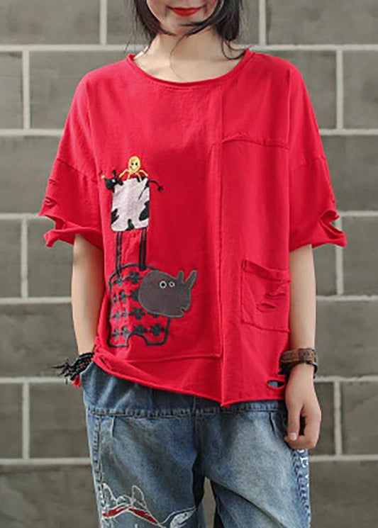 Handmade Cotton Shirts Ripped Hole Embroidery Irregular T-shirt