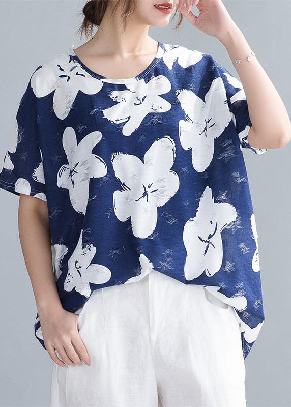 Handmade Dark Blue Print Clothes O Neck Blouses