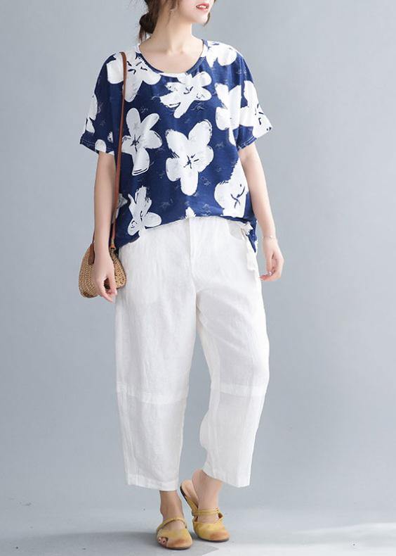 Handmade Dark Blue Print Clothes O Neck Blouses