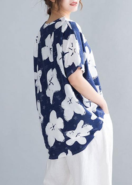 Handmade Dark Blue Print Clothes O Neck Blouses