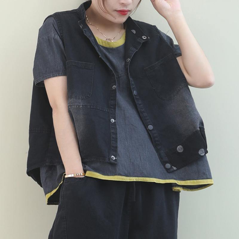 Handmade Denim Black Dotted Cotton Top Sleeveless Tops