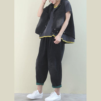 Handmade Denim Black Dotted Cotton Top Sleeveless Tops