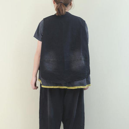 Handmade Denim Black Dotted Cotton Top Sleeveless Tops