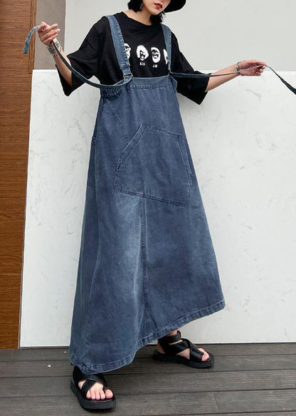 Handmade Denim Blue Cotton Sleeveless Pockets Cotton Robes Summer Dresses
