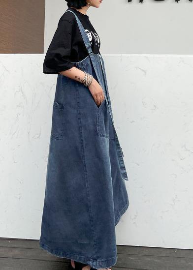 Handmade Denim Blue Cotton Sleeveless Pockets Cotton Robes Summer Dresses