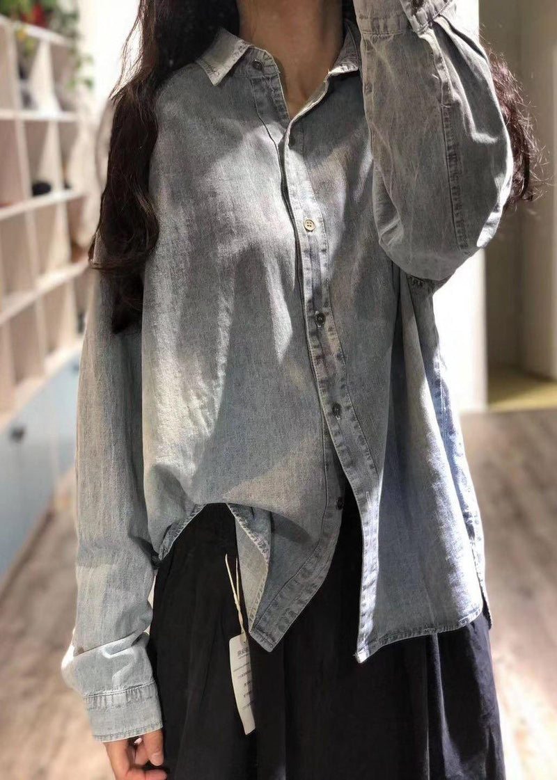 Handmade Denim Blue Linen Box Top Lapel Collar Clothing Fall Top
