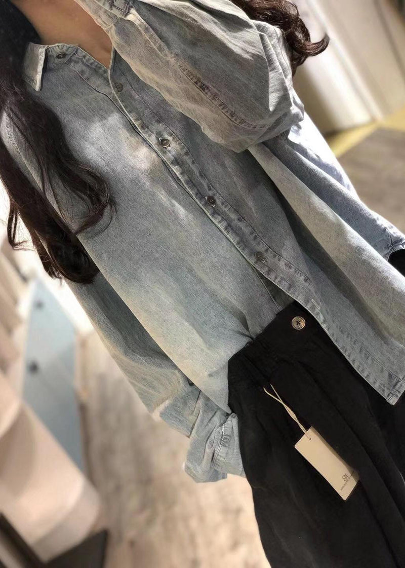 Handmade Denim Blue Linen Box Top Lapel Collar Clothing Fall Top