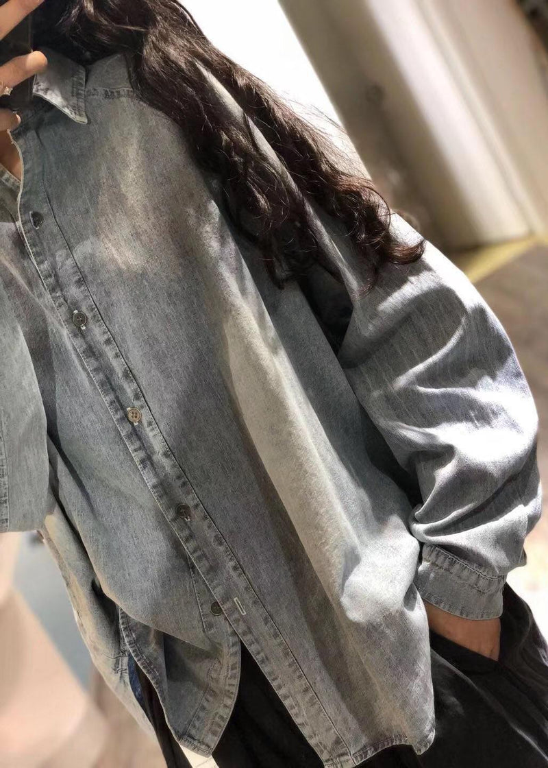 Handmade Denim Blue Linen Box Top Lapel Collar Clothing Fall Top