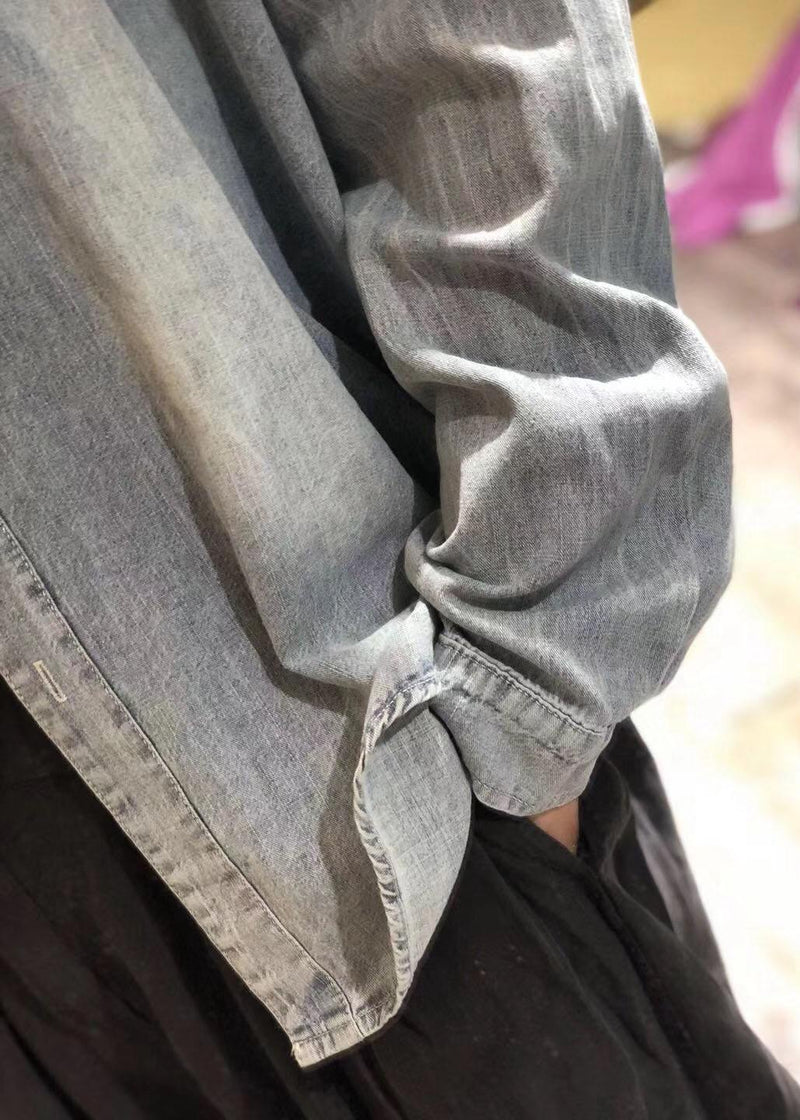 Handmade Denim Blue Linen Box Top Lapel Collar Clothing Fall Top