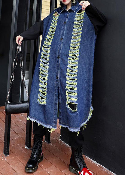 Handmade Denim Blue Patchwork Sleeve Fine Coats Photography Hollow Out Fall Coats