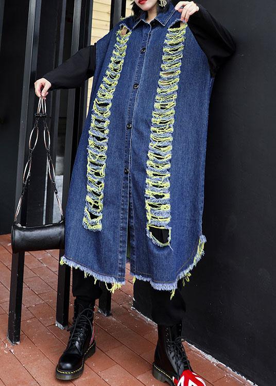 Handmade Denim Blue Patchwork Sleeve Fine Coats Photography Hollow Out Fall Coats