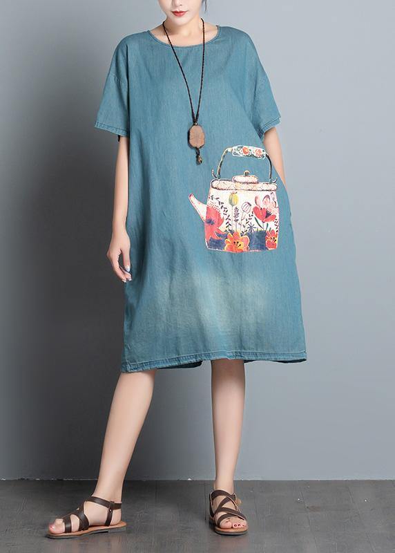 Handmade Denim Blue Print Cotton Quilting Dresses O Neck Art Summer Dresses