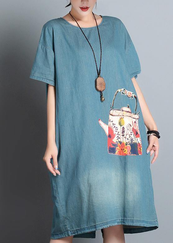 Handmade Denim Blue Print Cotton Quilting Dresses O Neck Art Summer Dresses