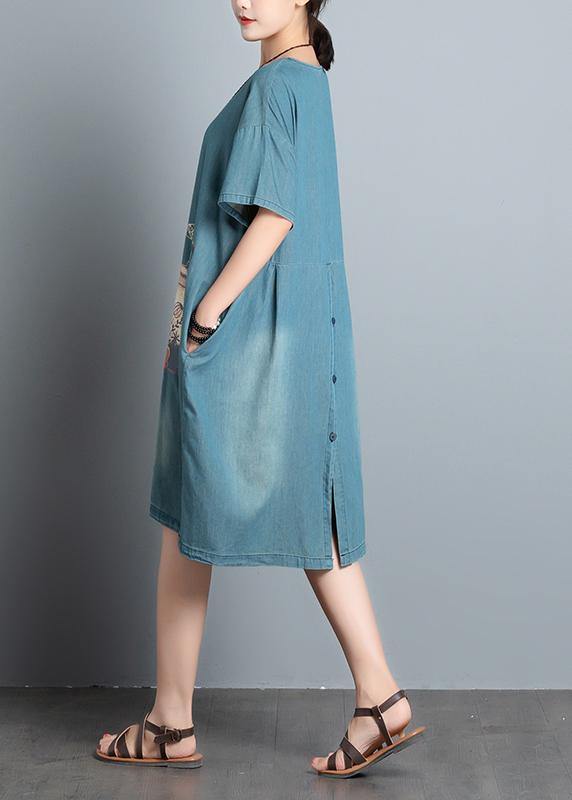 Handmade Denim Blue Print Cotton Quilting Dresses O Neck Art Summer Dresses
