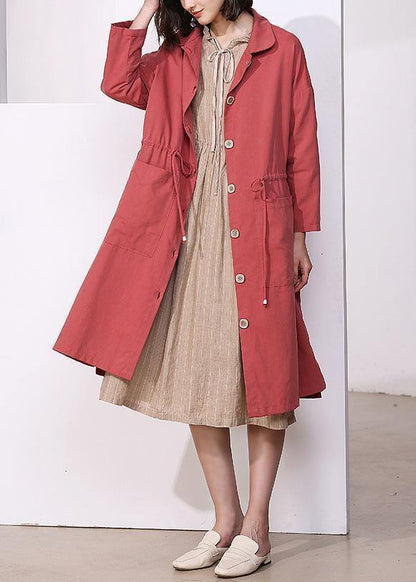 Handmade Drawstring Lapel Collar Tunic Coat Red Oversized Outwear