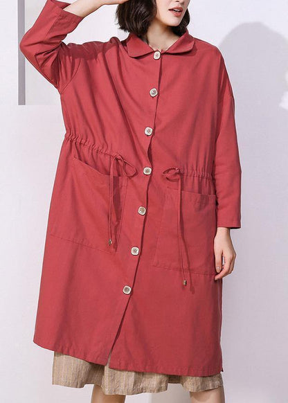 Handmade Drawstring Lapel Collar Tunic Coat Red Oversized Outwear