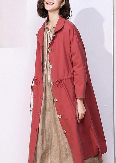 Handmade Drawstring Lapel Collar Tunic Coat Red Oversized Outwear