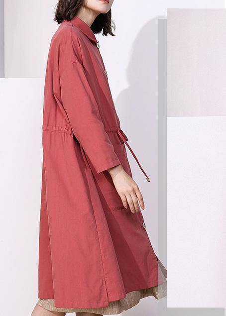 Handmade Drawstring Lapel Collar Tunic Coat Red Oversized Outwear