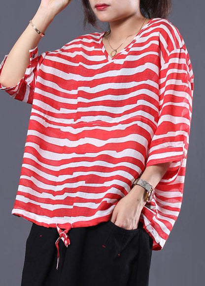 Handmade Drawstring Hem Cotton Tunics for Sleeve Red Striped Shirts Summer