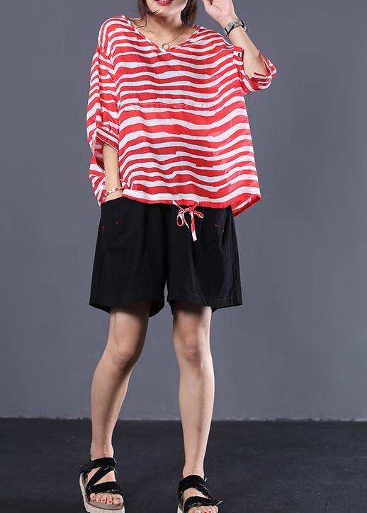 Handmade Drawstring Hem Cotton Tunics for Sleeve Red Striped Shirts Summer