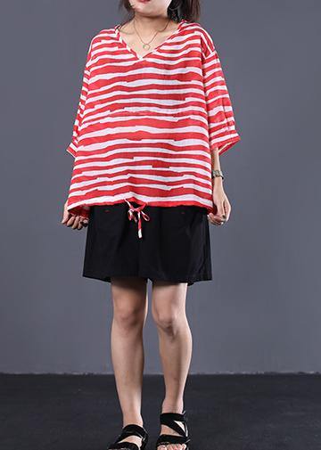 Handmade Drawstring Hem Cotton Tunics for Sleeve Red Striped Shirts Summer