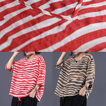 Handmade Drawstring Hem Cotton Tunics for Sleeve Red Striped Shirts Summer