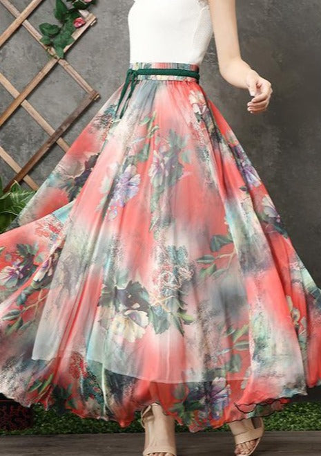 Handmade Elastic Tie Waist Chiffon Tunic Pattern Work Outfits Red Prints Dresses Summer