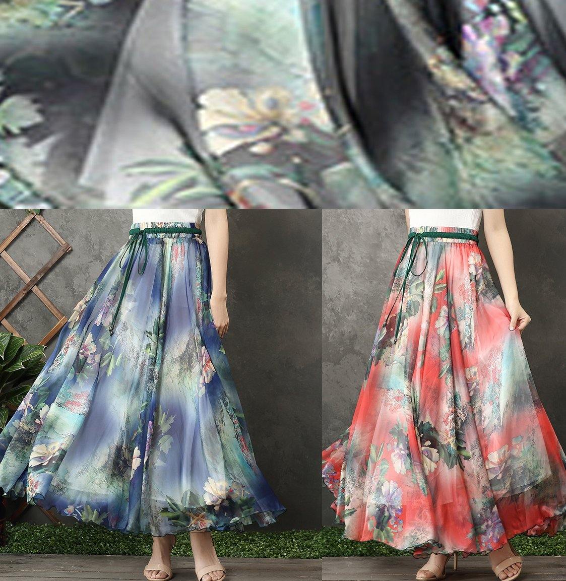 Handmade Elastic Tie Waist Chiffon Tunic Pattern Work Outfits Red Prints Dresses Summer
