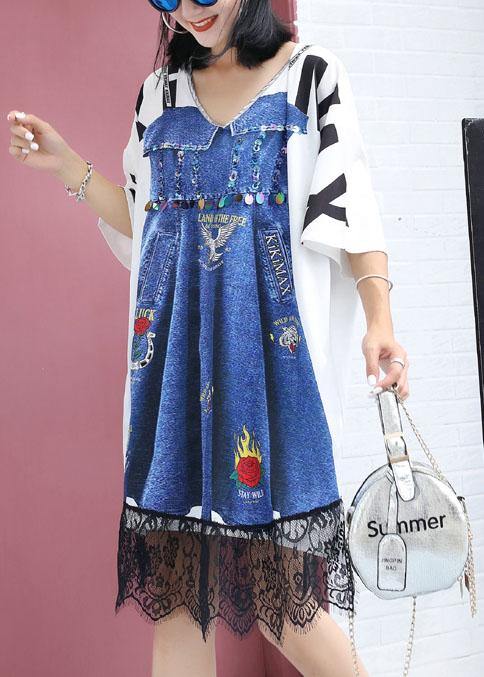 Handmade False Two Pieces Cotton Clothes Ideas White Print Dress Summer