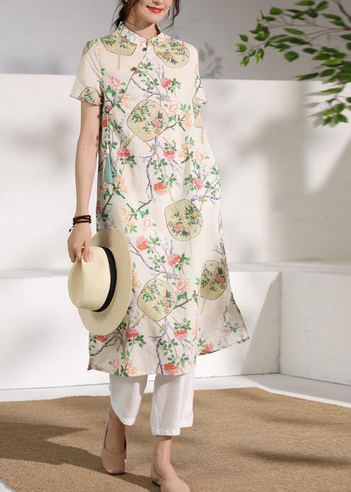 Handmade Linen Long Shirts Stand Collar Button Down Midi Dresses