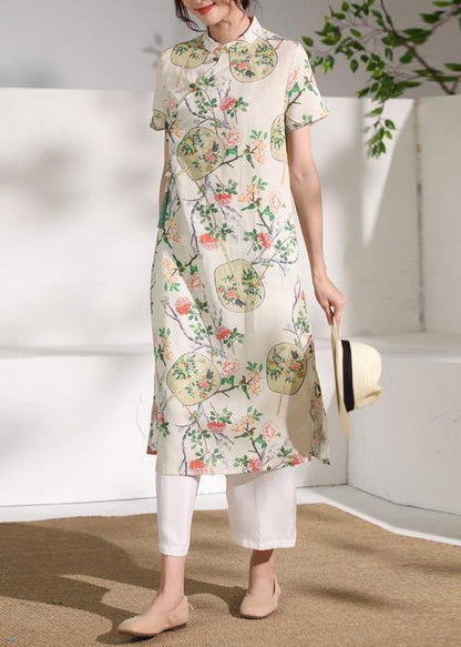 Handmade Linen Long Shirts Stand Collar Button Down Midi Dresses