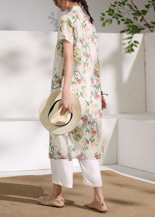 Handmade Linen Long Shirts Stand Collar Button Down Midi Dresses
