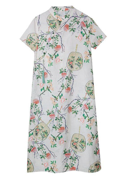 Handmade Linen Long Shirts Stand Collar Button Down Midi Dresses
