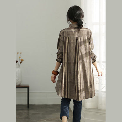 Handmade gray chocolate striped cotton clothes For Women plus size Shirts Button Down Knee shirt
