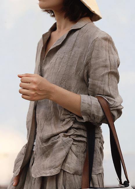 Handmade Gray Linen Tunic Pattern Cinched Knee Fall Blouse