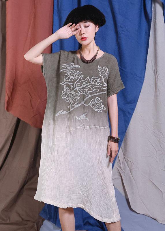 Handmade Gray O Neck Cotton Quilting Clothes Gradient Color Traveling Sundress Dresses