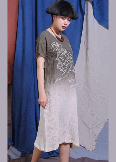 Handmade Gray O Neck Cotton Quilting Clothes Gradient Color Traveling Sundress Dresses