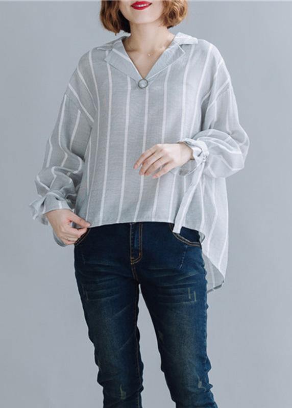 Handmade gray striped cotton Tunic lapel low high design Dresses fall blouses