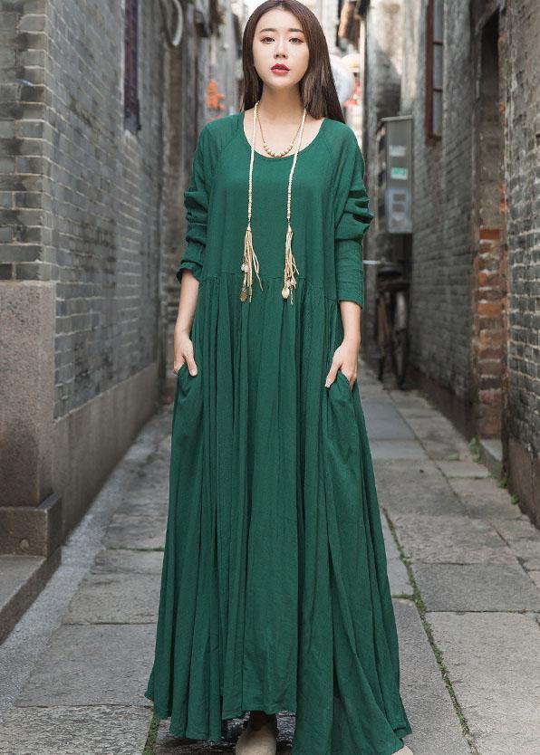 Handmade Green Cotton Dresses Long Sleeve Maxi Summer Dresses