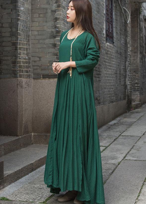 Handmade Green Cotton Dresses Long Sleeve Maxi Summer Dresses