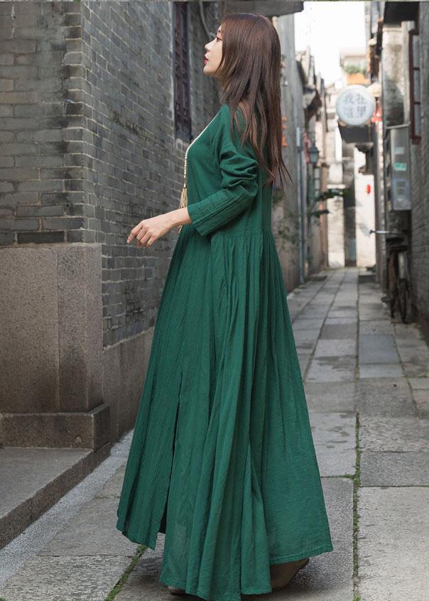 Handmade Green Cotton Dresses Long Sleeve Maxi Summer Dresses