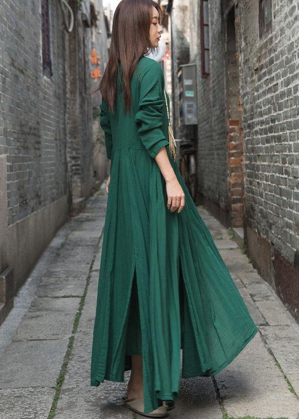 Handmade Green Cotton Dresses Long Sleeve Maxi Summer Dresses